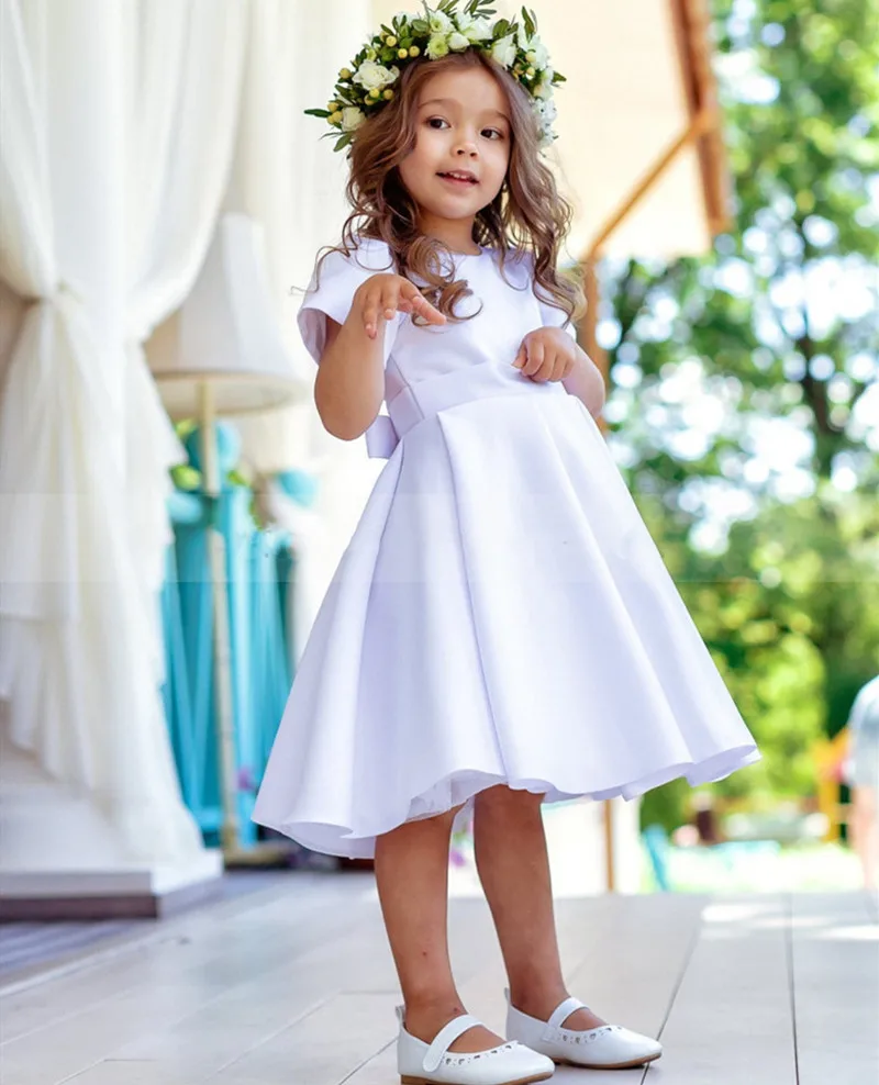 Vestido branco clássico de cetim com flores, manga curta, pequena princesa, vestido de festa infantil, natal, ano novo