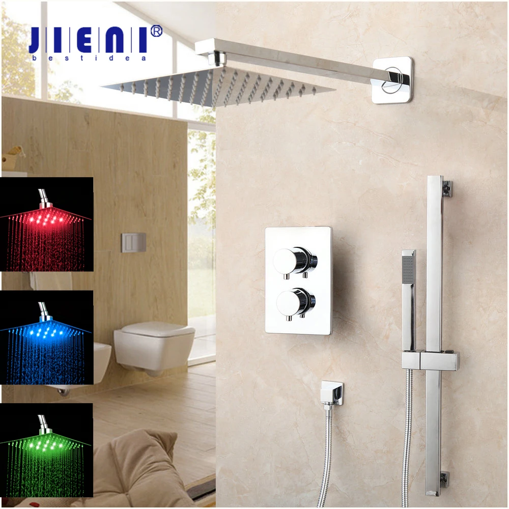 

JIENI Chrome Polished Rainfall Shower Mixer Set Wall Mounted Shower Faucet Bar Concealed Shower Tap Square 2 Ways Control