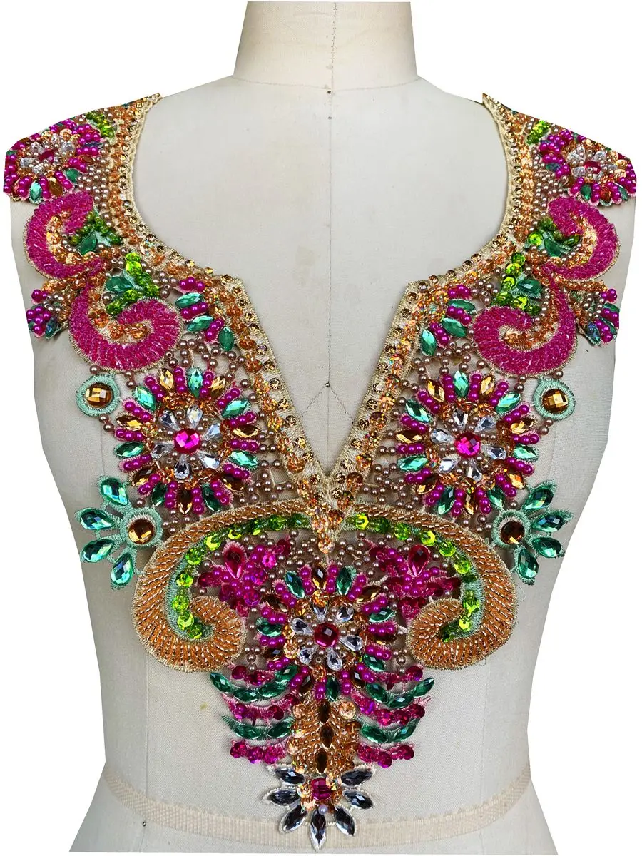 Imagem -03 - Feito à Mão Multicolorido Strass Renda Applique Costurar em Contas Pedras Guarnição Remendos para Vestido Roupas Decote