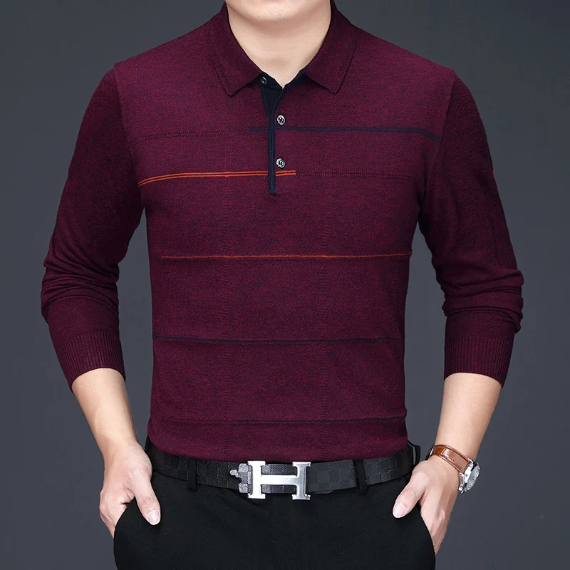 

Man Turn Down Collar Jumper Casual Thin Striped Sweater Middle Aged Male Wool Blend Knit Shirts Long Sleeved