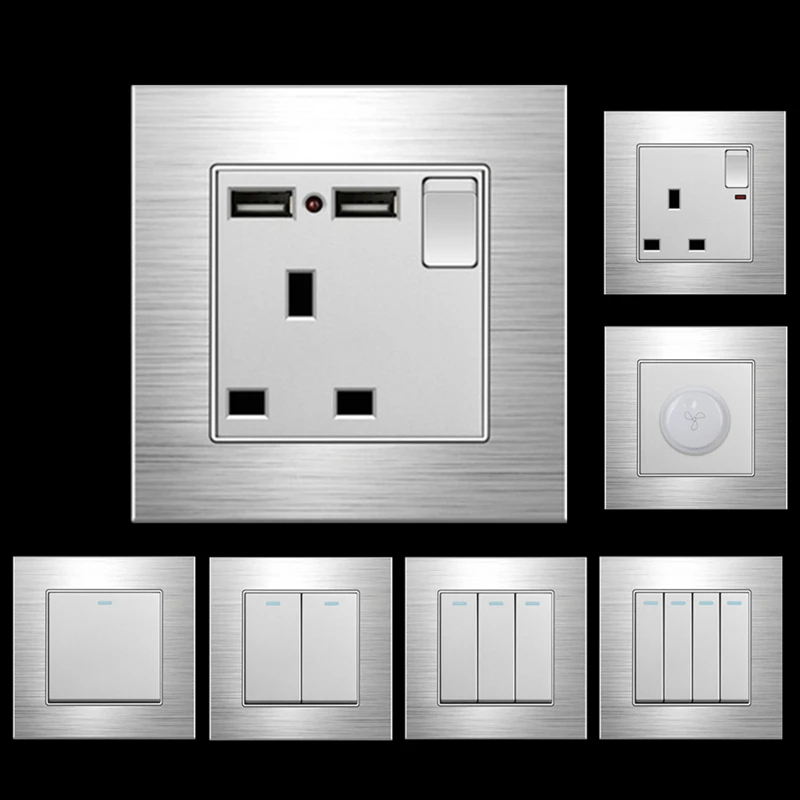 250V 86MM British standard Aluminum alloy drawing silvery panel 1/2/3/4gang 1/2way switch socket with USB interface socket