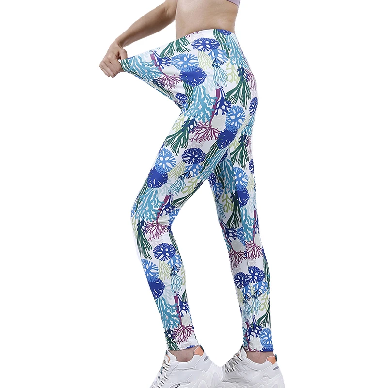 VISNXGI Legging Fitness liść kwiatowy Print kobiety Patchwork oddychająca wysoka talia elastyczna Push Up do kostek poliester dna