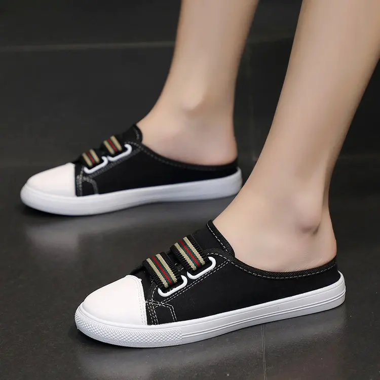 

Heelless Lazy Summer Shoes Female Half Drag Baotou Canvas Shoes Flat Elastic Outer Slippers For Women 2021 Fashion Design