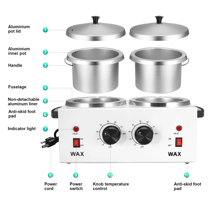 Aquecedor elétrico de cera dupla, aquecedor de parafina, depilador facial duplo para remoção de pelos, spa, depilador de cera a cera