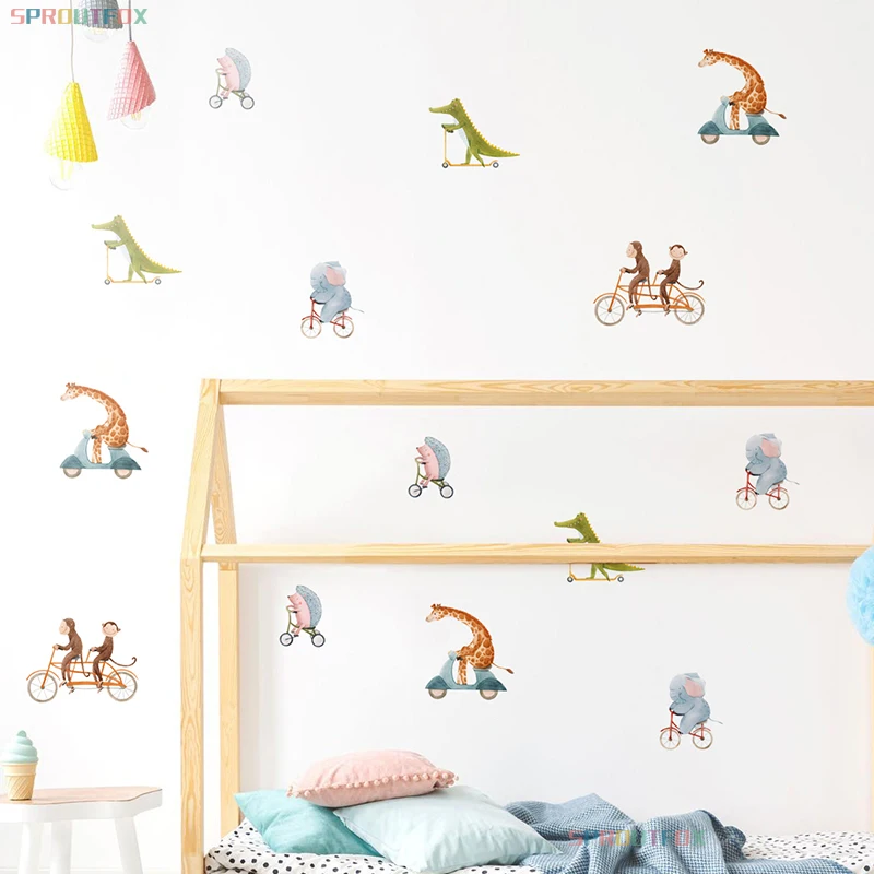 Sport Animal Wall Sticker for Kids Room Nursery Boys Bedroom Giraffe Electric Bicycle Elephant Bicycle Crocodile Scooter Decals