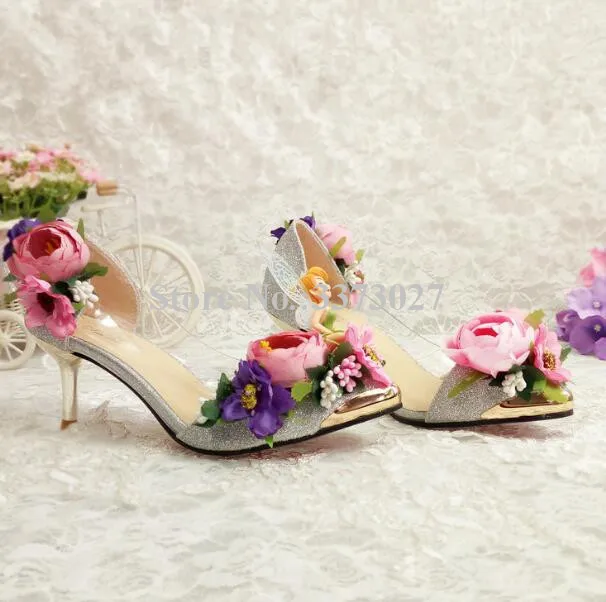 Wedding Party Dress Shoes Beautiful Pink Flowers Decor Woman silver high heel pointed toe sexy pumps slip-on female single shoes