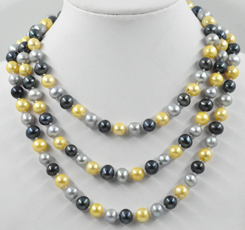 HABITOO 9-10mm Akoya Yellow Black Gray Freshwater Cultured Pearl Necklace 54