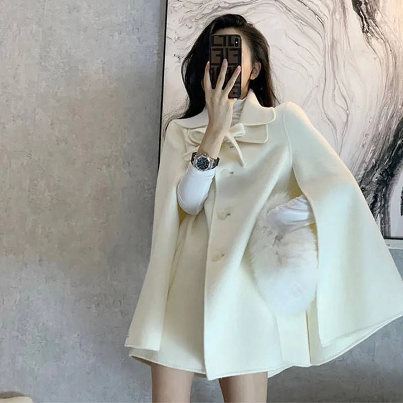 

Autumn Winter New White Cape Woolen Coat Women Loose Cloak Single Breasted Double Collar Elegant Ladies OL Style Short Coat