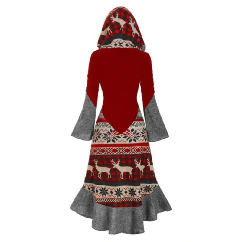 Printed Snowflake Elk Cloak Dress With Hat,Short Front Long Back Dresses For Christmas Party Cosplay