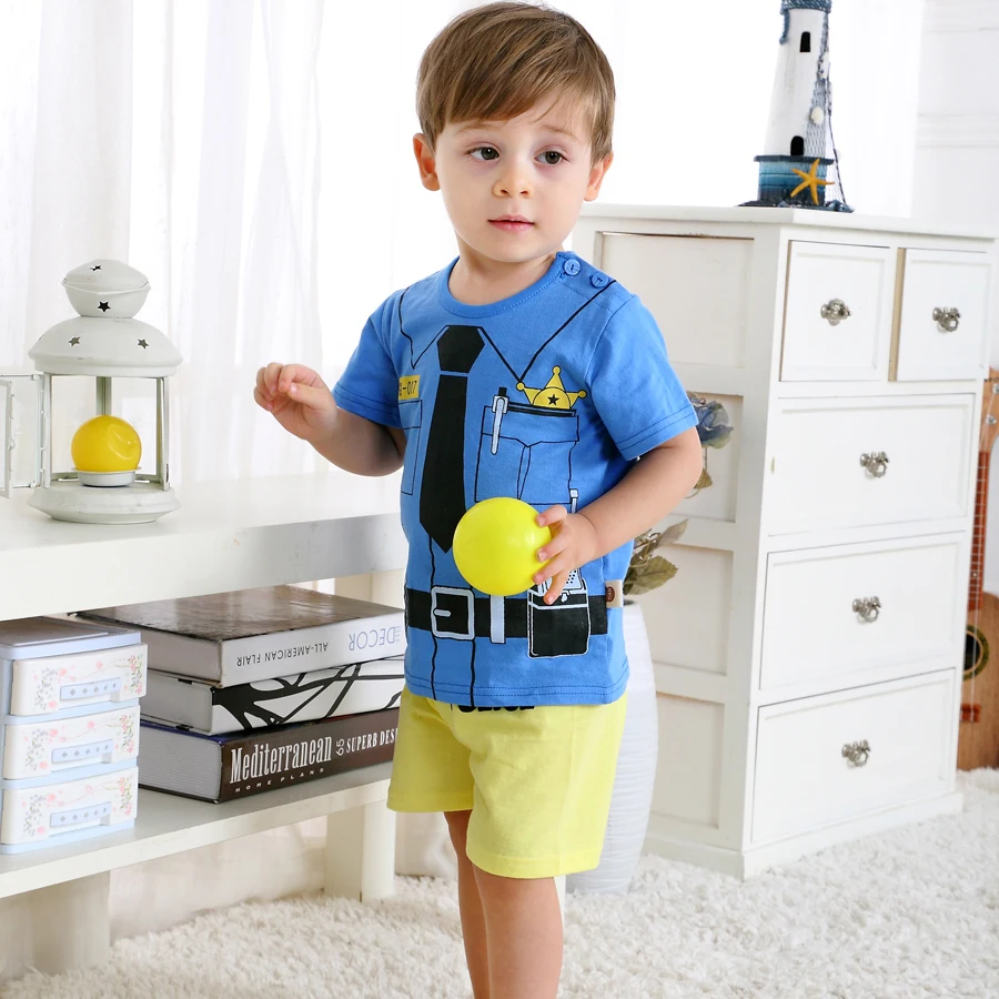 Baby Boys Clothes Policeman Style Sets Summer Fashion Casual T-shirt + Shorts Cartoon Kids Clothing Suit DS19