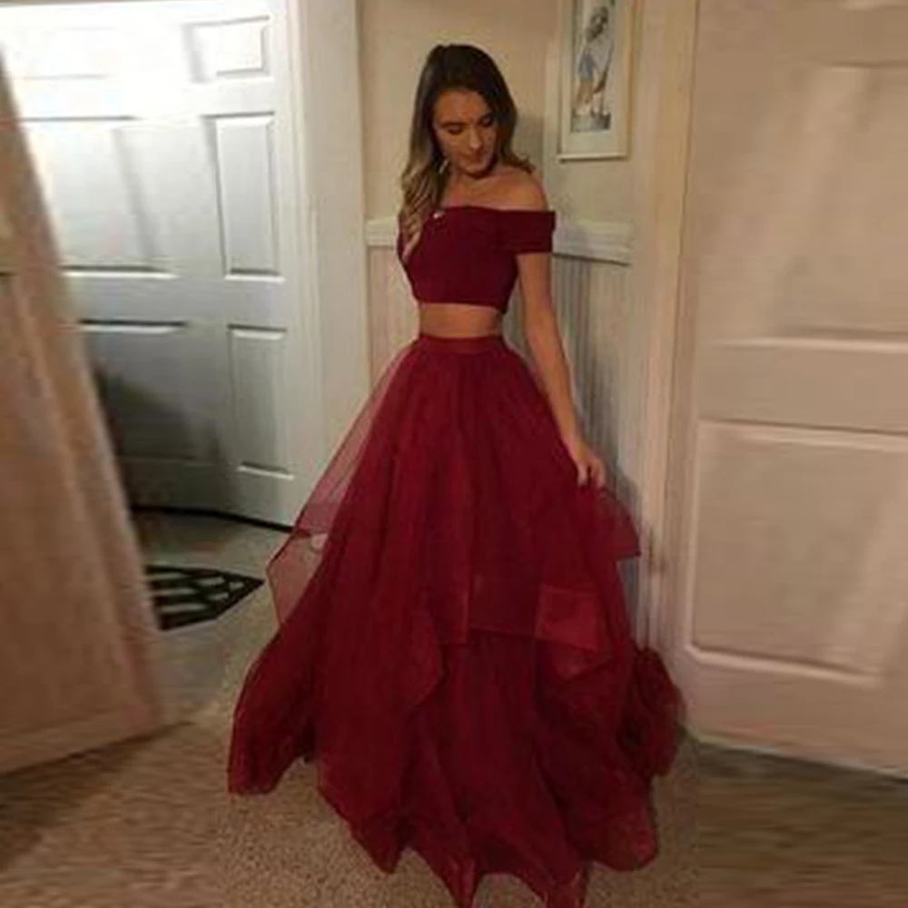 

Angelsbridep Ball Gown Prom Dresses Two Piece Off the Shoulder Short Sleeves Evening Gowns Plus Size Robe De Soirée De Mariage