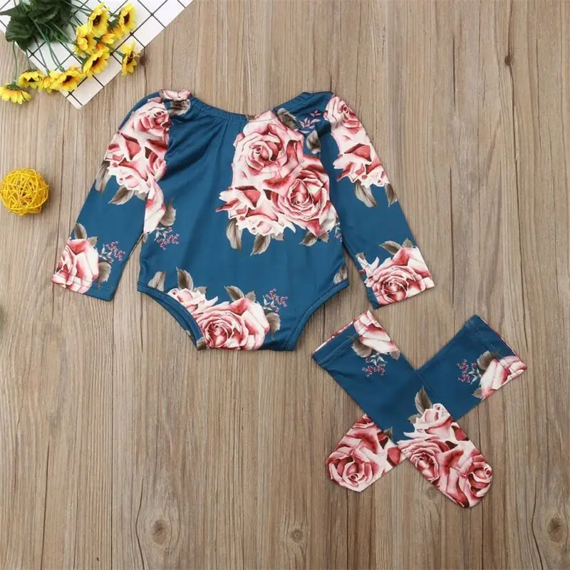 0-24M Newborn Baby Girl Clothing Autumn Long Sleeve Floral Romper Jumpsuit + Warm Leg Socks Outfit Baby Clothes