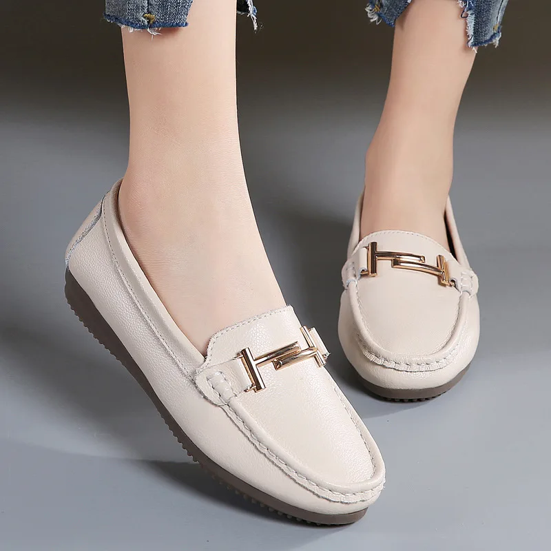 2023 NEW ARRIVAL EUR 36-41 Soft Genuine Leather Mummy Shoes for Women Lady Flat Shoes Female Cause Shoes& Beige & White& Black