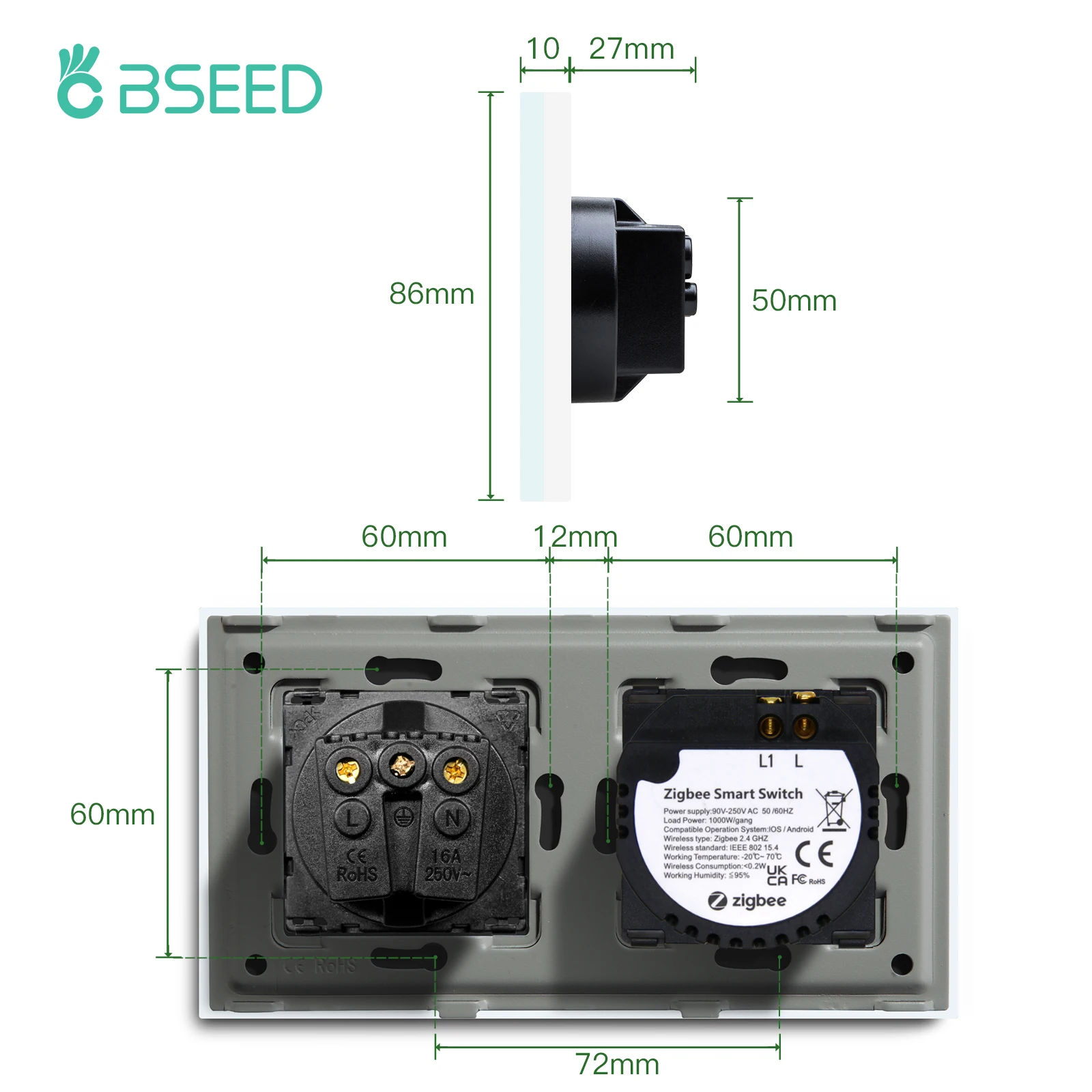 Interruttori Zigbee BSEED Wifi 1/2/3Gang sensore Wireless applique da parete Touch Switch Smart Google Alexa con presa di corrente Standard ue