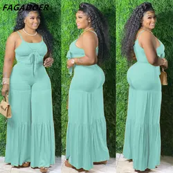 FAGADOER Plus Size Women Sets 4XL 5XL Fashion Bandage Crop Tops And Wide Leg Pants Ruffles Two Piece Suit Casual Outfits Solid