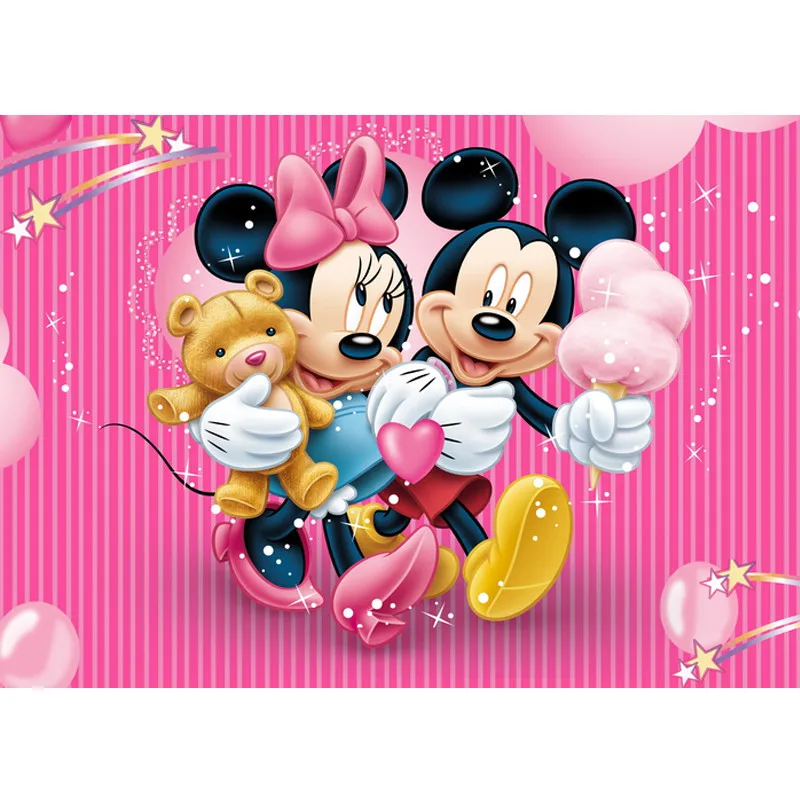 Disney-Mickey e Minnie Mouse Fundo de vinil infantil, tema dos desenhos animados, Banner de fotografia, Feliz Aniversário, Baby Shower, Boy or Girl