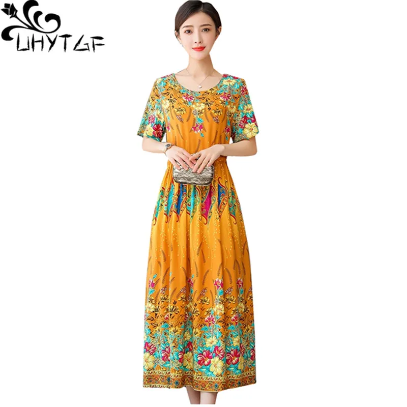 UHYTGF Vintage Print Long Dress Women's Short-Sleeved Cotton Silk Summer Dress Big Swing Comfortable 5XL Loose Size Dresses 1667