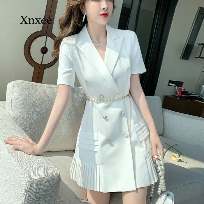 

2021 Summer Suit Mini Dress Elegant White Blazer High Quality Notched Double Breasted Short Sleeve Pearl Waist Pleated Dresses