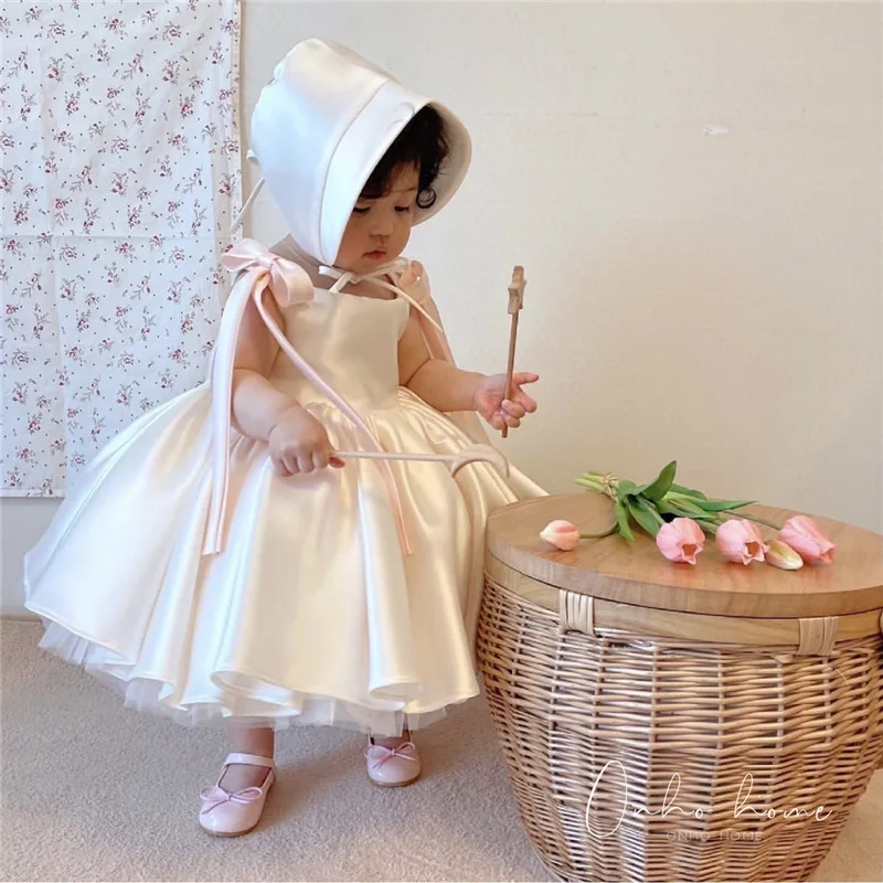 Baby Girl Flower Dress Kids Birthday Baptism Dresses For Children White Ball Gowns Girls Boutique Party Wear Elegant Frocks