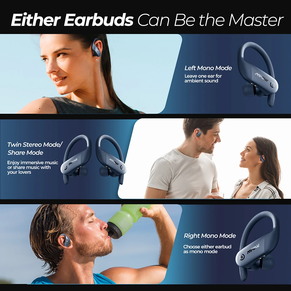Mpow لهب لايت سماعات لاسلكية الرياضة بلوتوث سماعات مع باس زائد الصوت IPX7 مقاوم للماء التحكم باللمس الأذن سماعة أذن خطافية