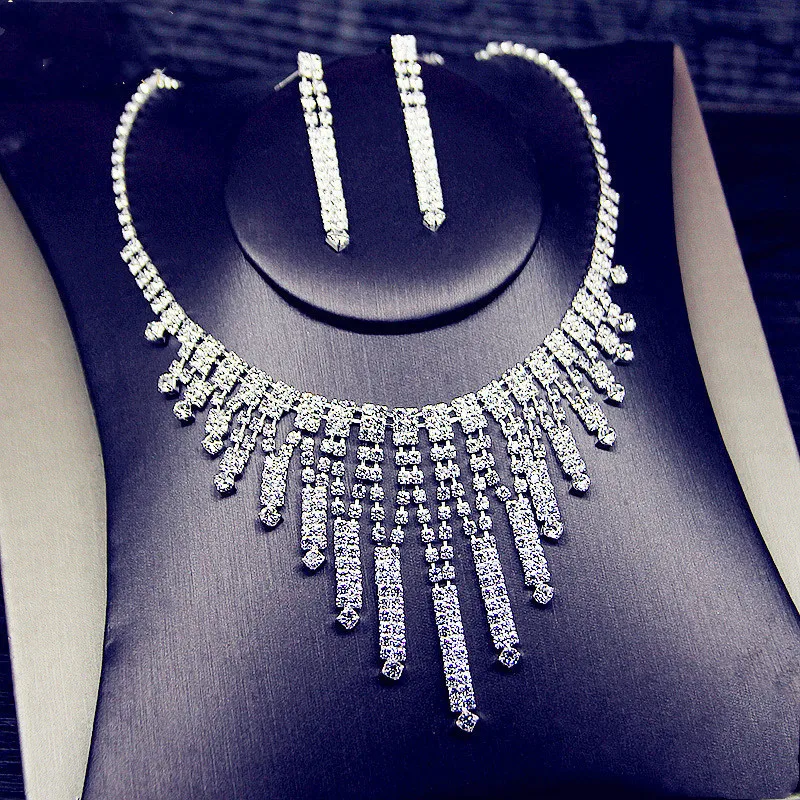 FYUAN Luxury Geometric Rhinestone Necklace Earrings For Women Long Tassel Bridal Weddings Jewelry Sets