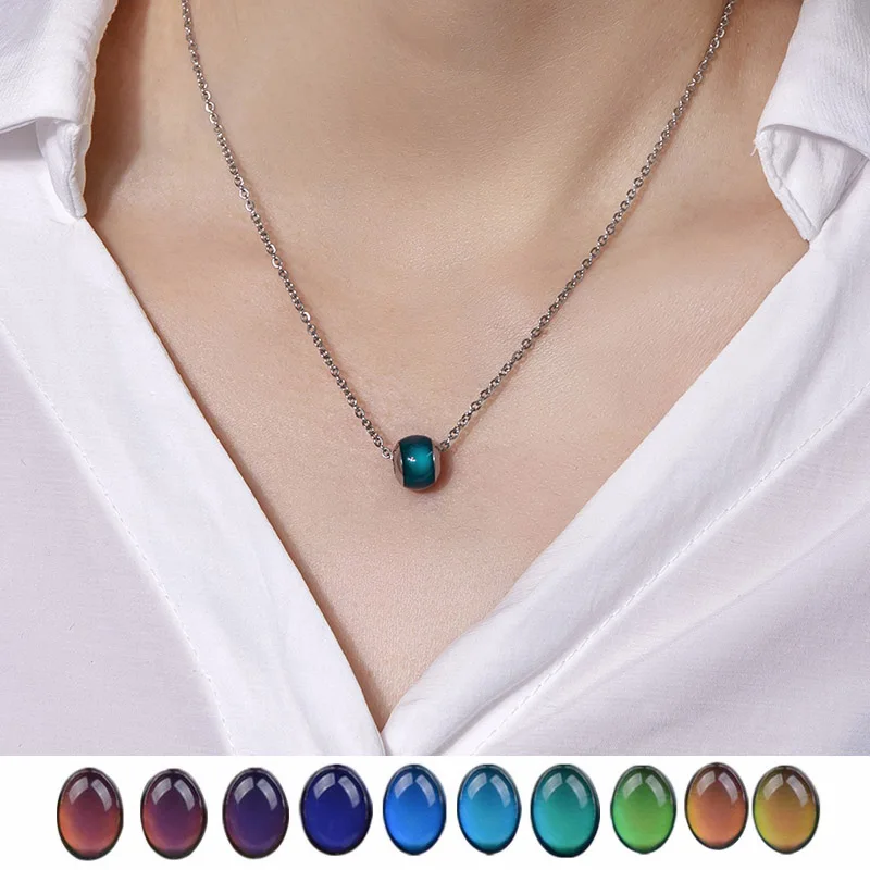 Sensor Beads Temperature Change Color Changing Mood Necklace Water Drop Heart Pendant Stainless Steel Chain Necklace