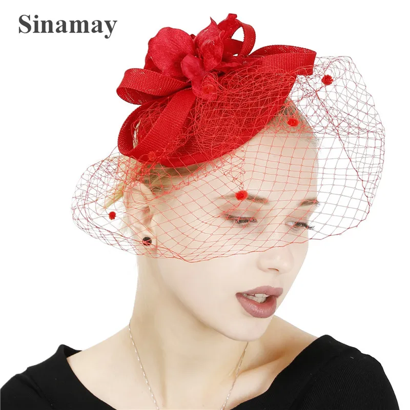 

New Charming Bridal Mesh Red Fascinator Hat Flower Elegant Women Formal Cocktail Headpiece Show Race Occasion Millinery Cap