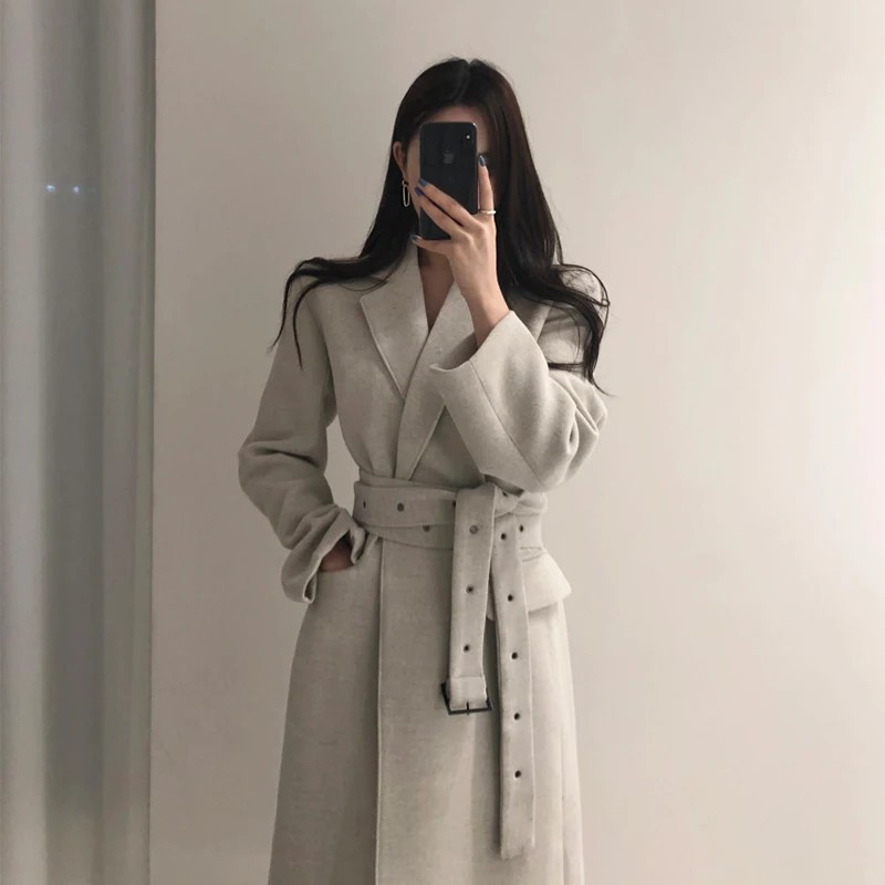 

High Qulity Thicken Women Coats Winter Woolen Coat With Long Belt Office Lady Fashion Lace Up Outerwear