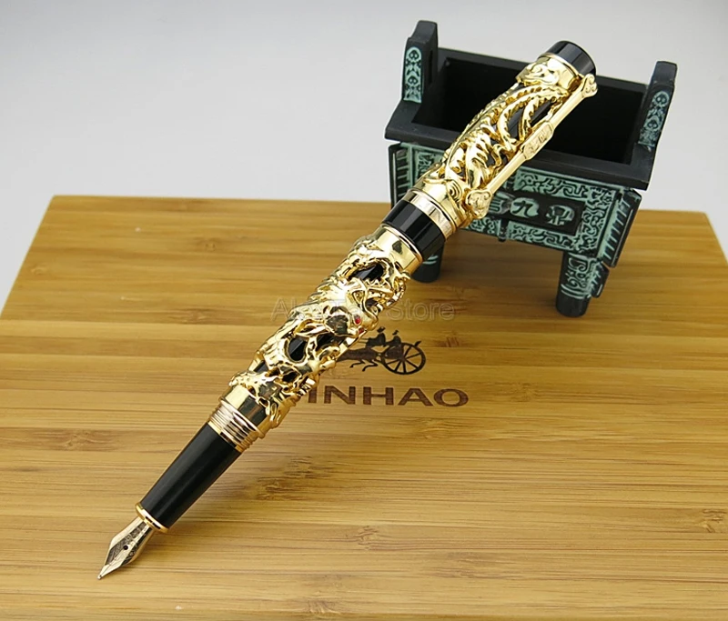 Imagem -06 - Jinhao Antigo Bronze Metal Fonte Caneta Titular Rolo Caneta Display Suporte Lápis Case Caneta Bolsa 3d em Relevo Ajuste Coleção Presente