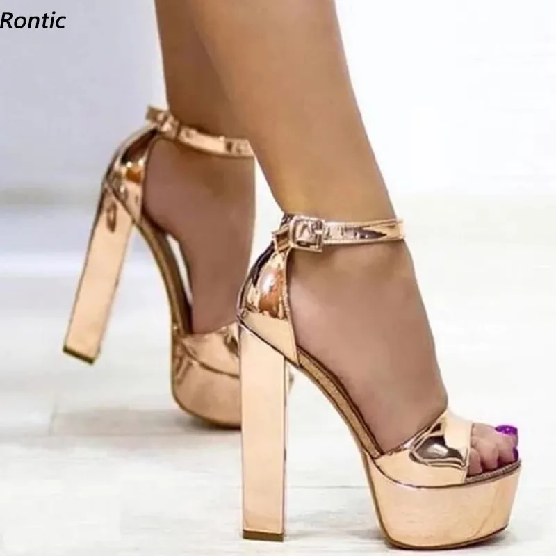 

Rontic Handmade Fashion Women Platform Sandals Unisex Patent Leather Block Heels Open Toe Pretty Gold Club Shoes US Size 5-20