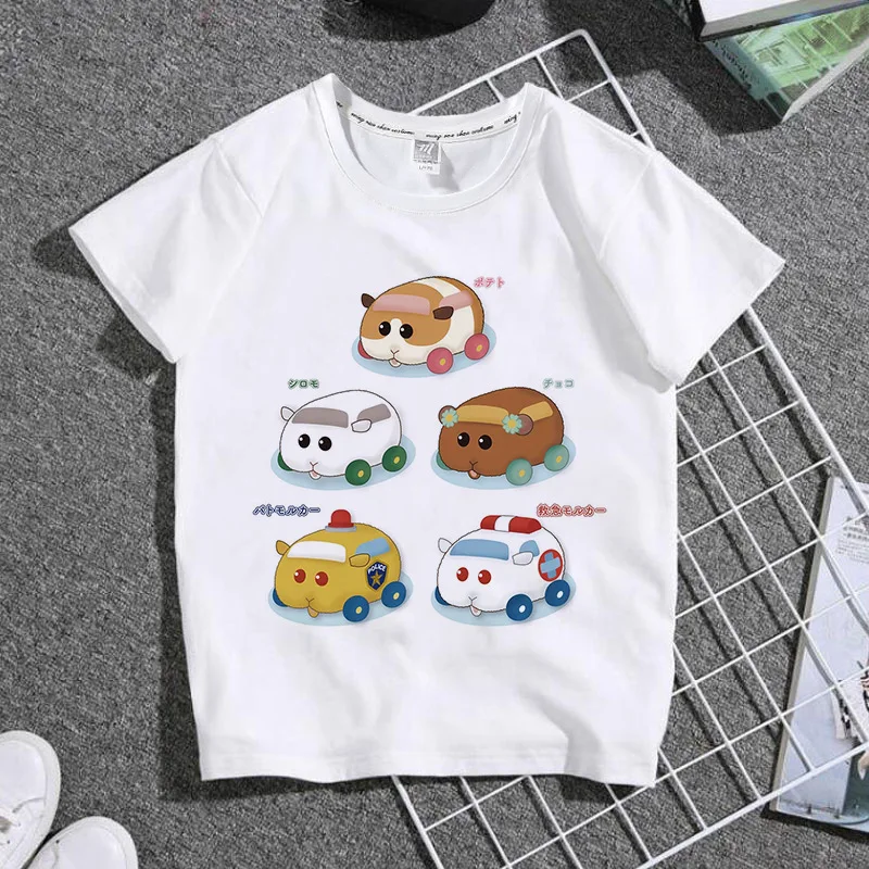 Anime PUI PUI Print White Kid T shirt Children Japan Cartoon Animal Car Manga Tops Summer Little Baby Clothes,Drop Ship