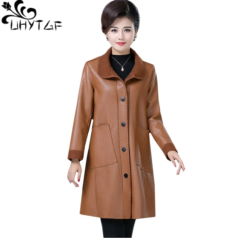 

UHYTGF Leather Jacket Womens Quality PU Leather Autumn Winter Coat Female Fashion Fleece Warm Big Size Leather Jacket 1048