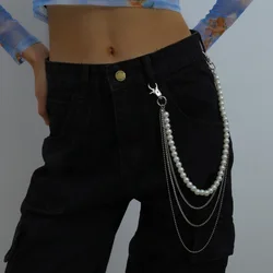 Retro Hip hop Street Jeans Trouser Key chain For Women Girls Multilayer Tassel Imitation Pearl Pants Chain Keychain Punk Jewelry