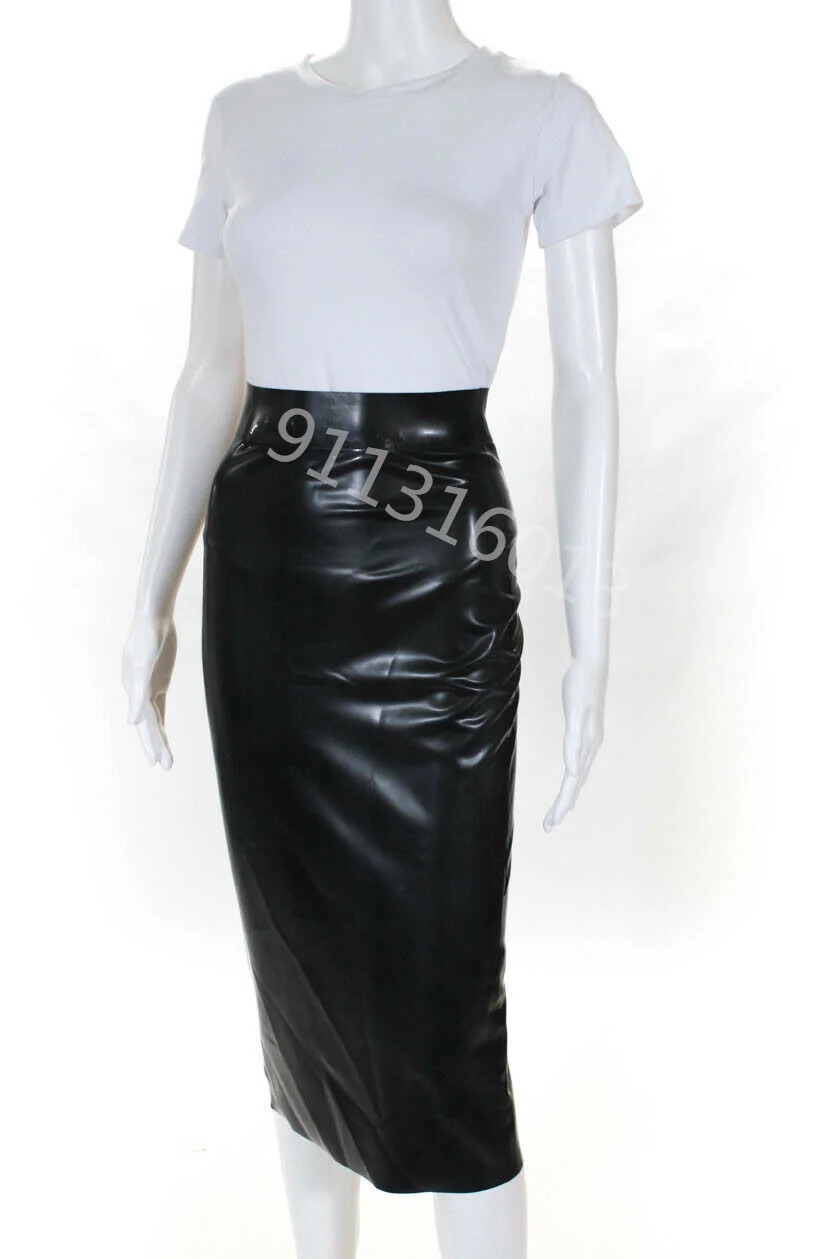 

Womens Latex Midi Pencil Skirt Black Rubber Apron dress Gummi 0.4mm Unique Party Customized