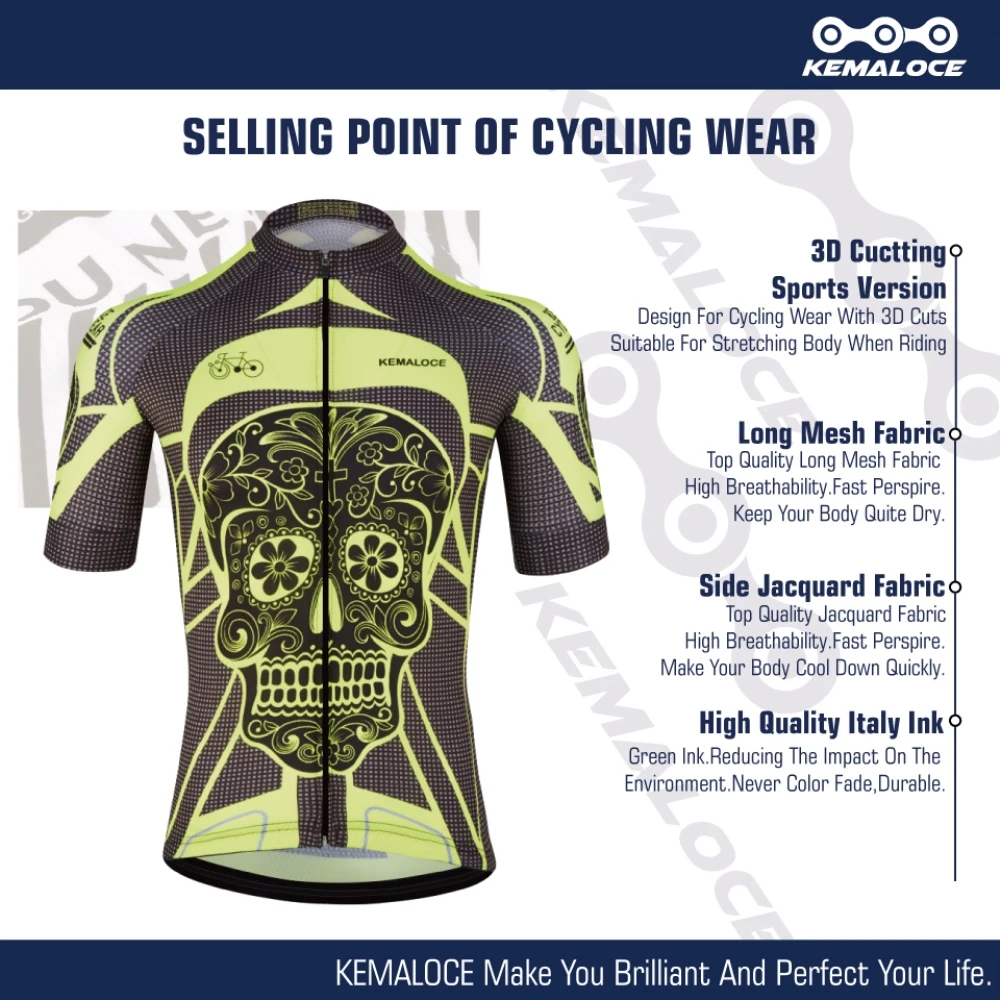 KEMALOCE Cycling Jersey Wear Yellow Bright Skeleton China Short Sleeve Bicycle Shirts Clothing Crane Summer Men Bike Shirts