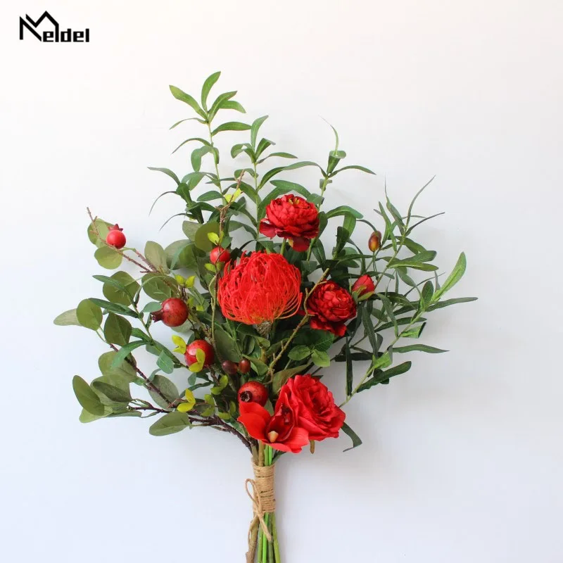 Meldel Wedding Bouquet Handmade Rose Flowers White Red Wedding Supplies Silk Hydrangea Orchid Balloon Flower Eucalyptus Leaves