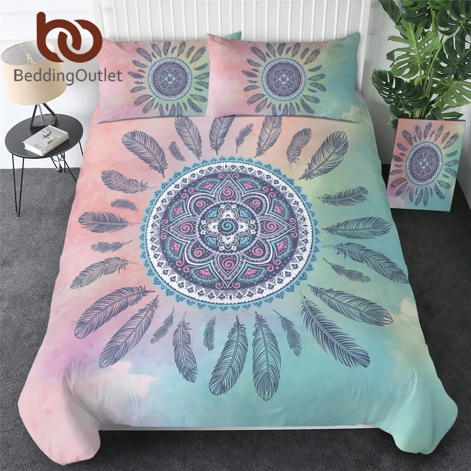 

BeddingOutlet Mandala Bedding Set Pink and Blue Duvet Cover With Pillowcases Feathers Bed Set Bohemian Printed Bedclothes 3pcs