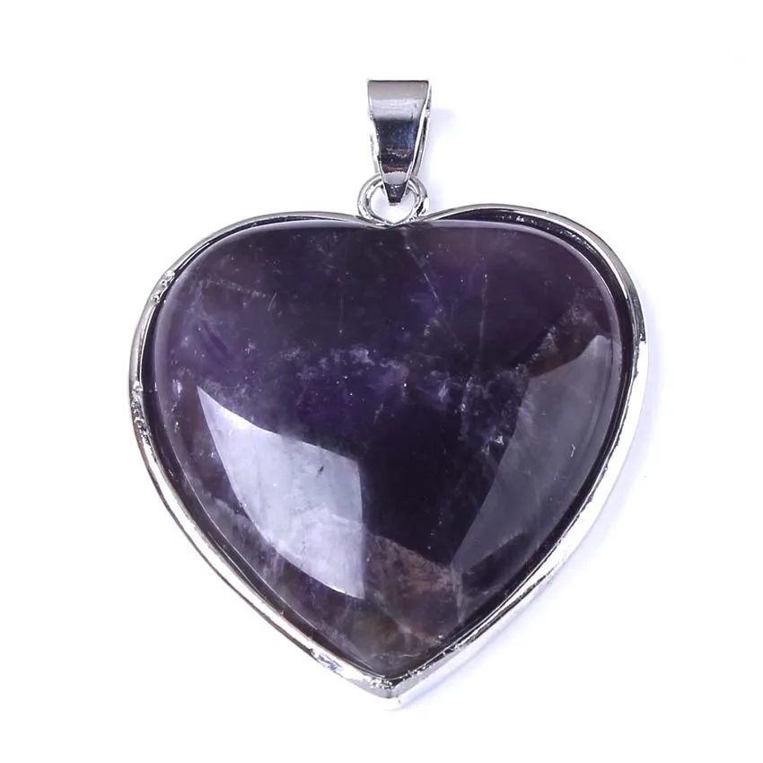 KFT Silver Plated Natural Rose Pink Quartz Amethysts Crystal Reiki Forever Love Heart Shape Stone Pendant Fashion Women Jewelry