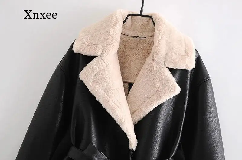 Women Fashion Winter Coat Thicken Warm Faux Leather Jacket Flat Collar Soft Imitation Wool Lining Jacket Parkas Female