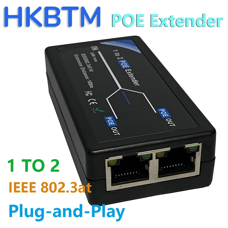 HKBTM Extension POE 2 ports 100 Mbps avec norme IEEE 802.3af pour caméra IP NVR AP IP VOICE POE étendre 100 mètres pour une portée POE