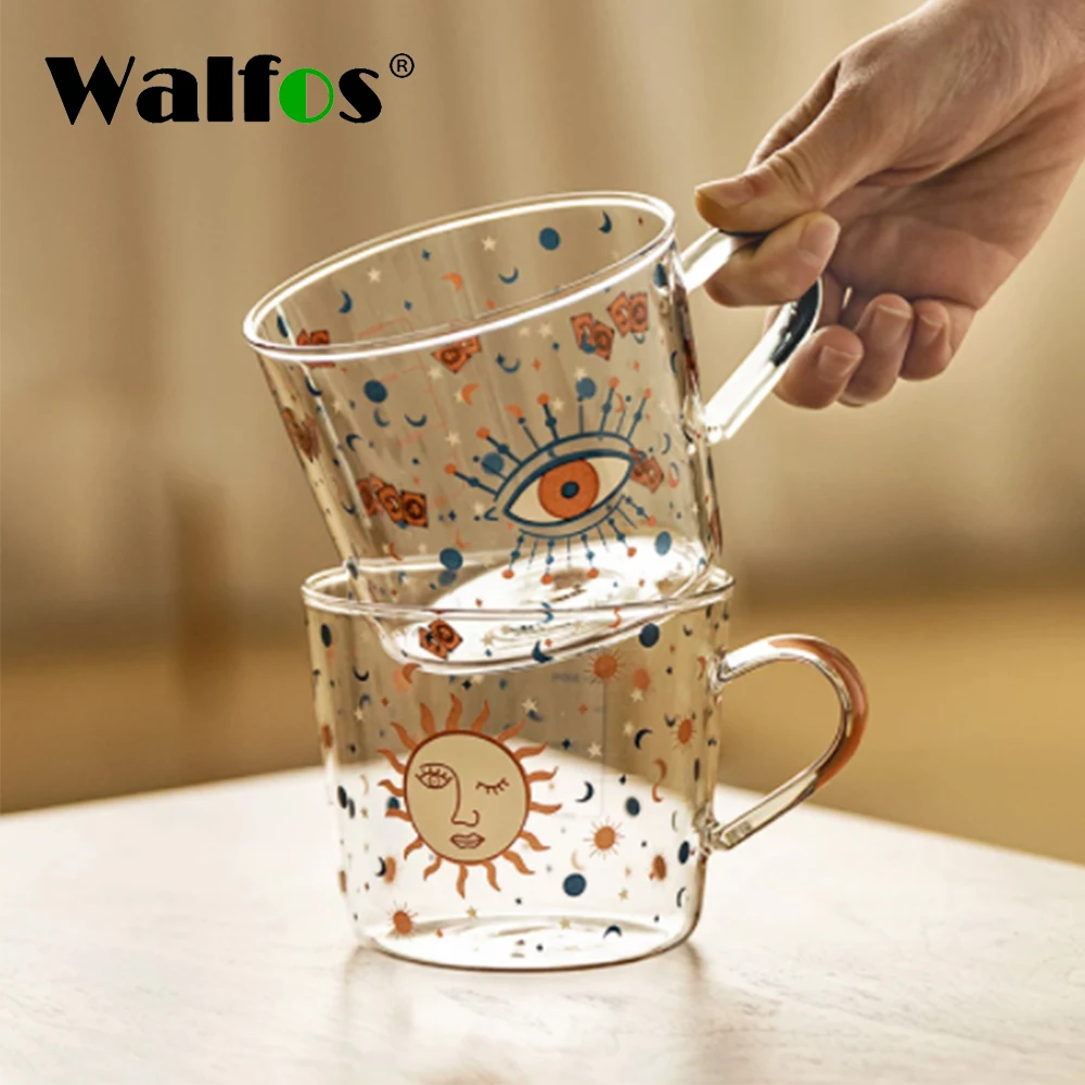 Walfos 500ml Creative Scale Glass Mug Breakfast Mlik Coffe Cup Household Couple Water Cup Sun Eye Pattern Drinkware