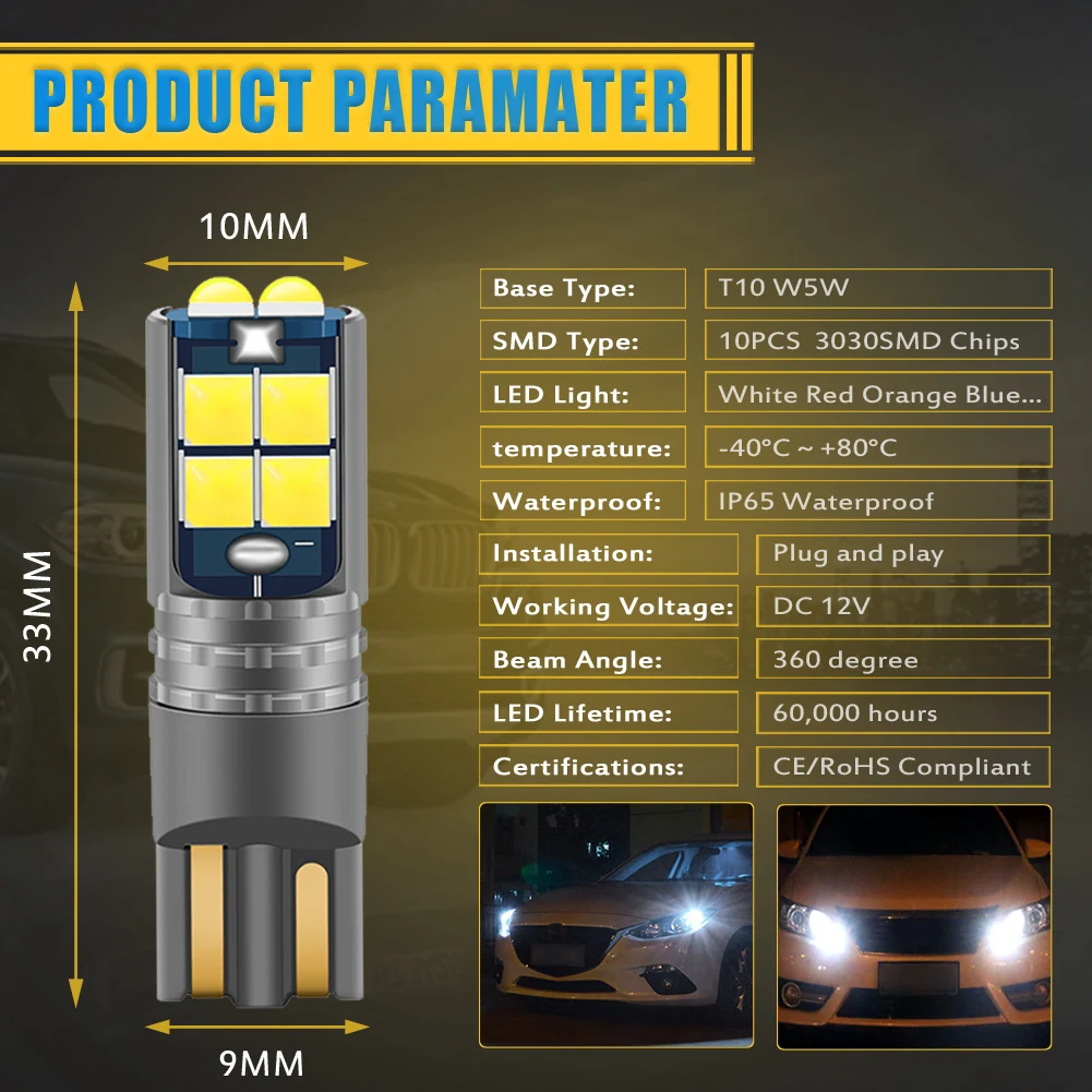 2 pezzi di alta qualità T10 W5W Super luminoso Auto lettura interna cupola luce indicatore lampada 168 194 LED Auto cuneo lampadine di parcheggio