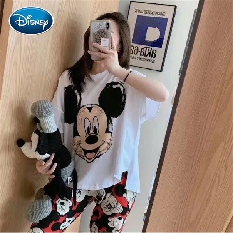 Disney Mickey Avatar Home Service Female Summer Short Sleeve Trousers Pajamas Female Cartoon Mickey Print Pajamas