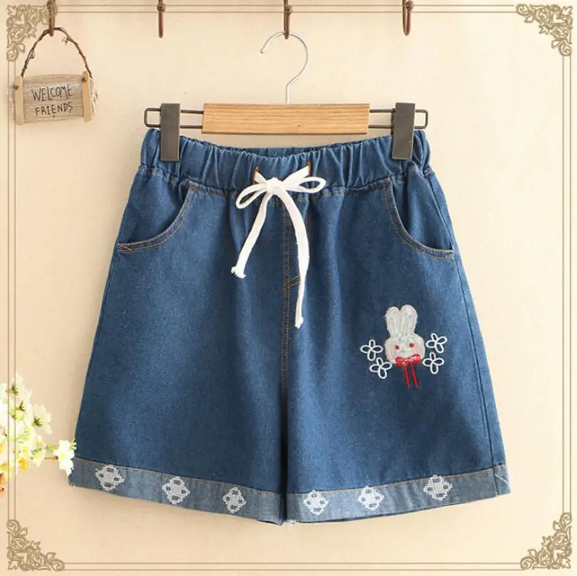 

Cartoon rabbit Embroidery Denim Shorts Hight Waist Cotton Casual Femme Jeans Short Elastic Wais Shorts 2020 Summer Women's p1474