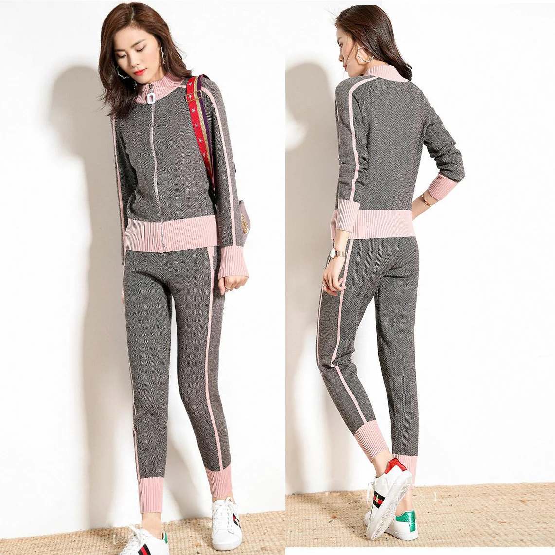 sweater+pants women clothing set casual body suits cardigan pants outfits spring plaid two pieces set woman knitted tracksuits