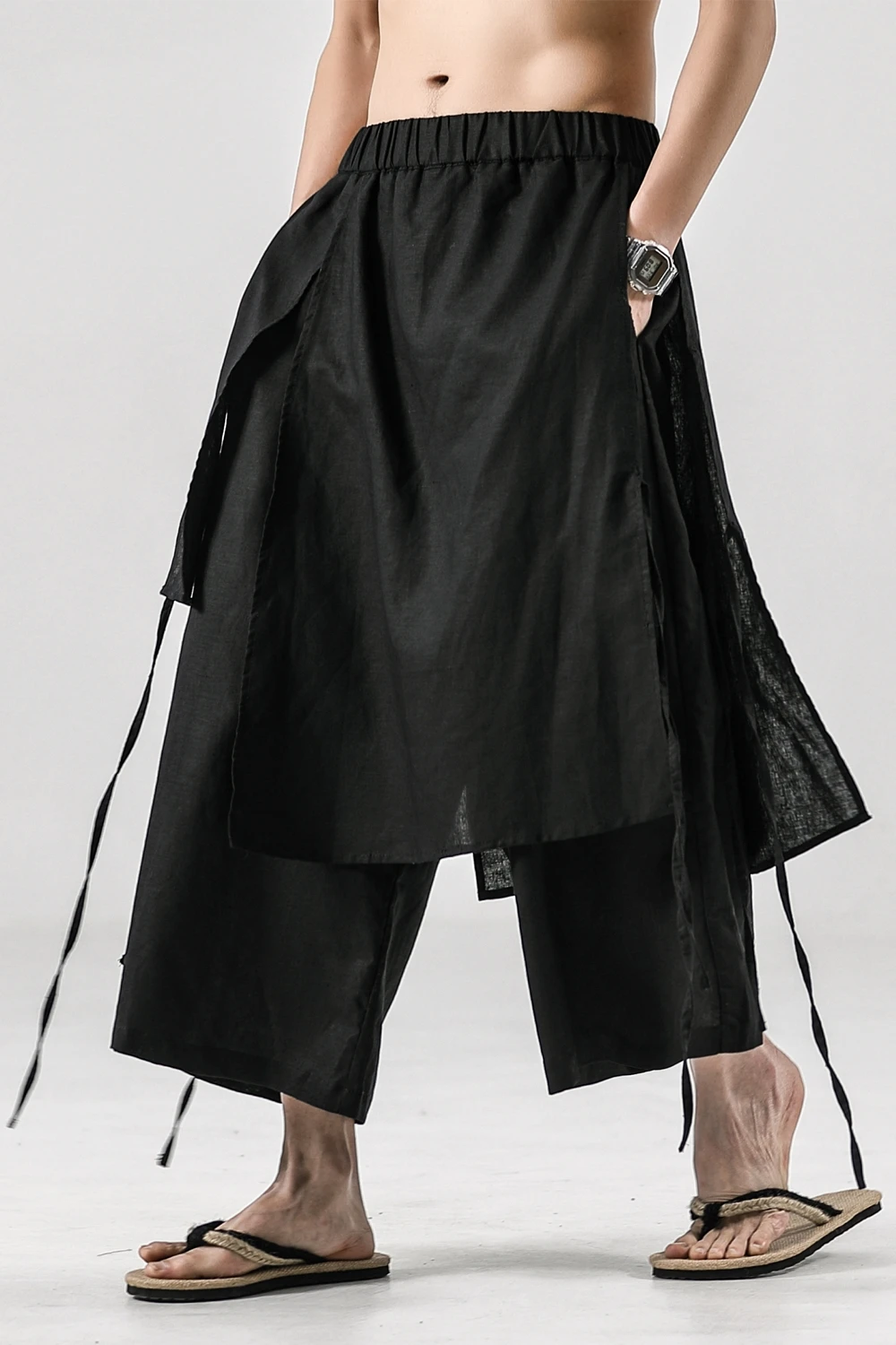 Men Chinese Style Cotton Linen Pants Black Wide-Leg Pants Men Comfortable Skirt Pants Ancient Male Loose Hanfu Kung Fu Trousers