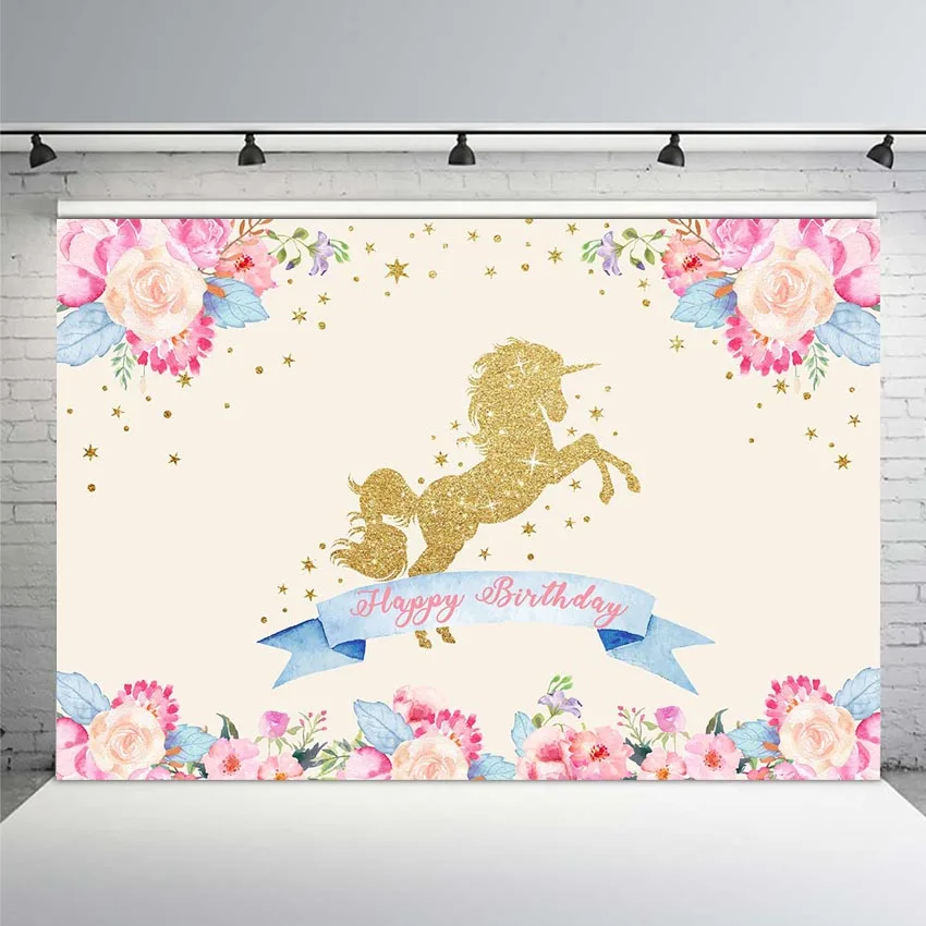 

Celebration Birthday Photo Backdrop Baby Party Banner Decoration Flower Unicorn Background Custom Backdrops for Photo Studio