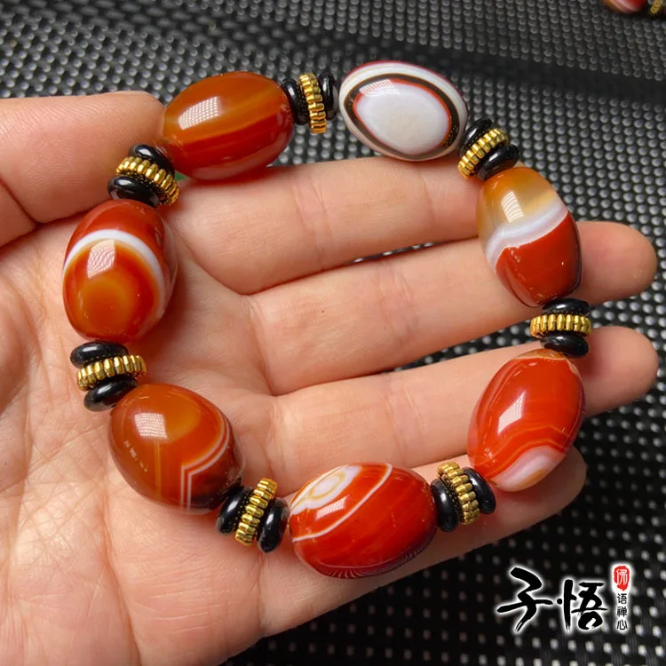 Natural agate silk-wrapped red agate drum beads bracelets fashion striped agate bracelets for men and women.