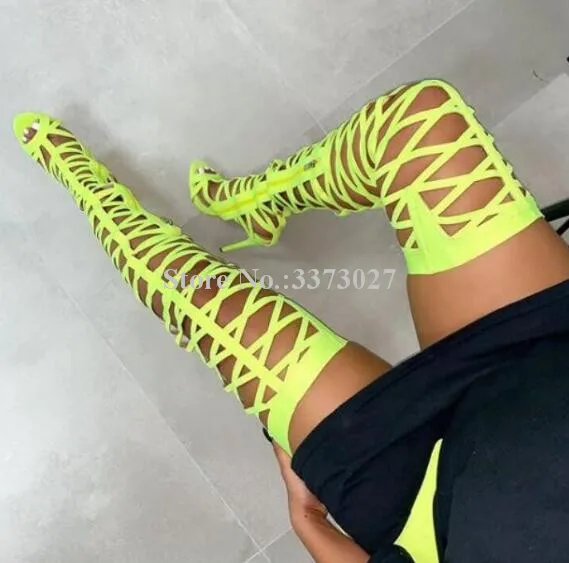 

Hollow Out Wasit Pants Thigh High Sandals Boots Woman Neon Yellow Fashion Peep Toe Over the Knee Long Sandals Boots Lady