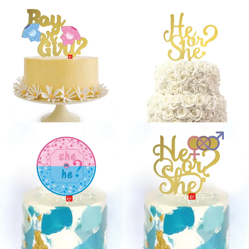 She or He Birthday Cake Toppers Boy Or Girl Painted Acrylic Cake Flags Babyshower Birthday Party Cake Baking Decor He or She